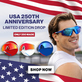 LosReyes USA 250th Anniversary limited edition mobile banner featuring Edge, Showtime, and Prime patriotic sunglasses in red, white, and blue, only 250 made
