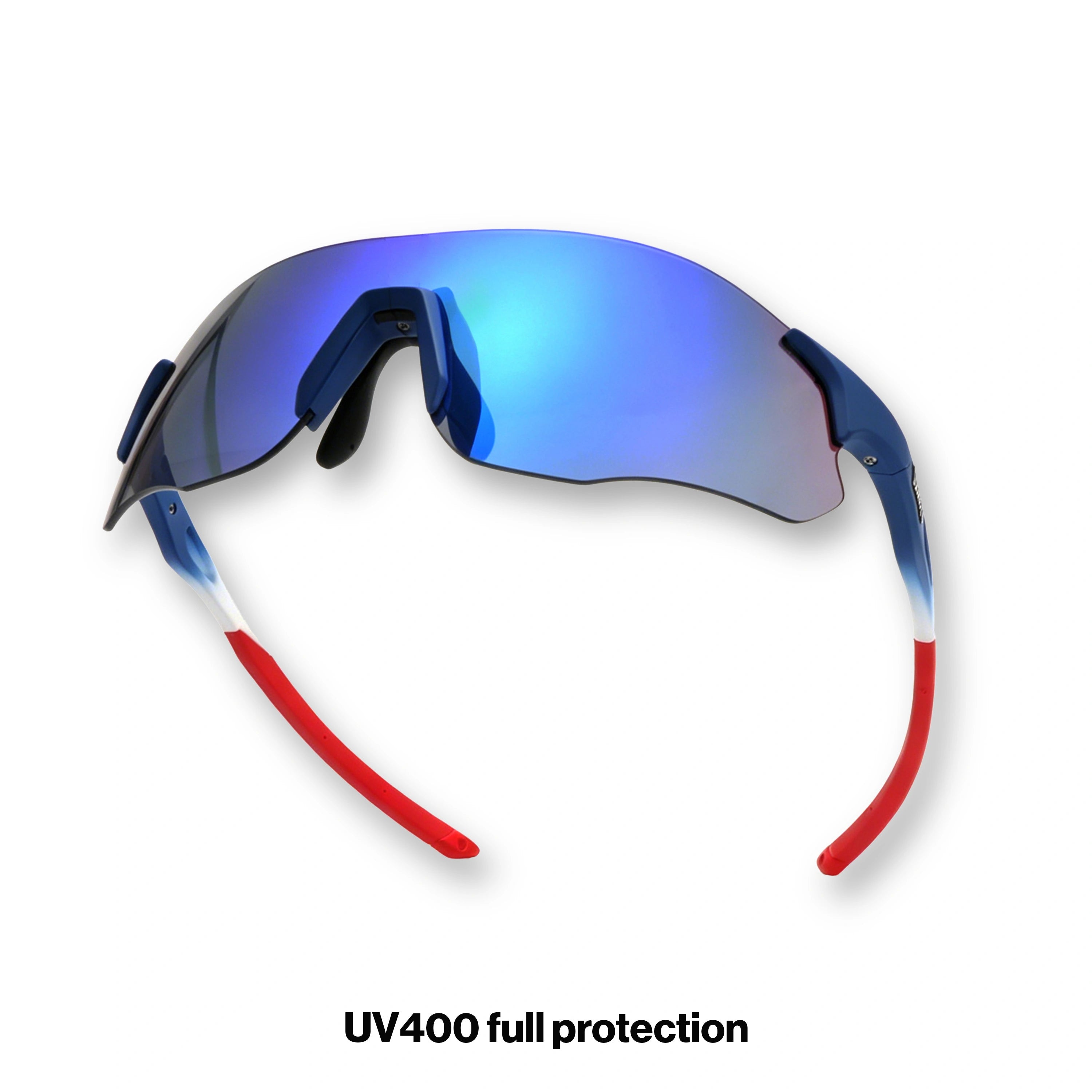 LOSREYES USA 250 Limited Drop 4th of July limited edition red white and blue splatter sport sunglasses with red mirror lens, hero angle view
