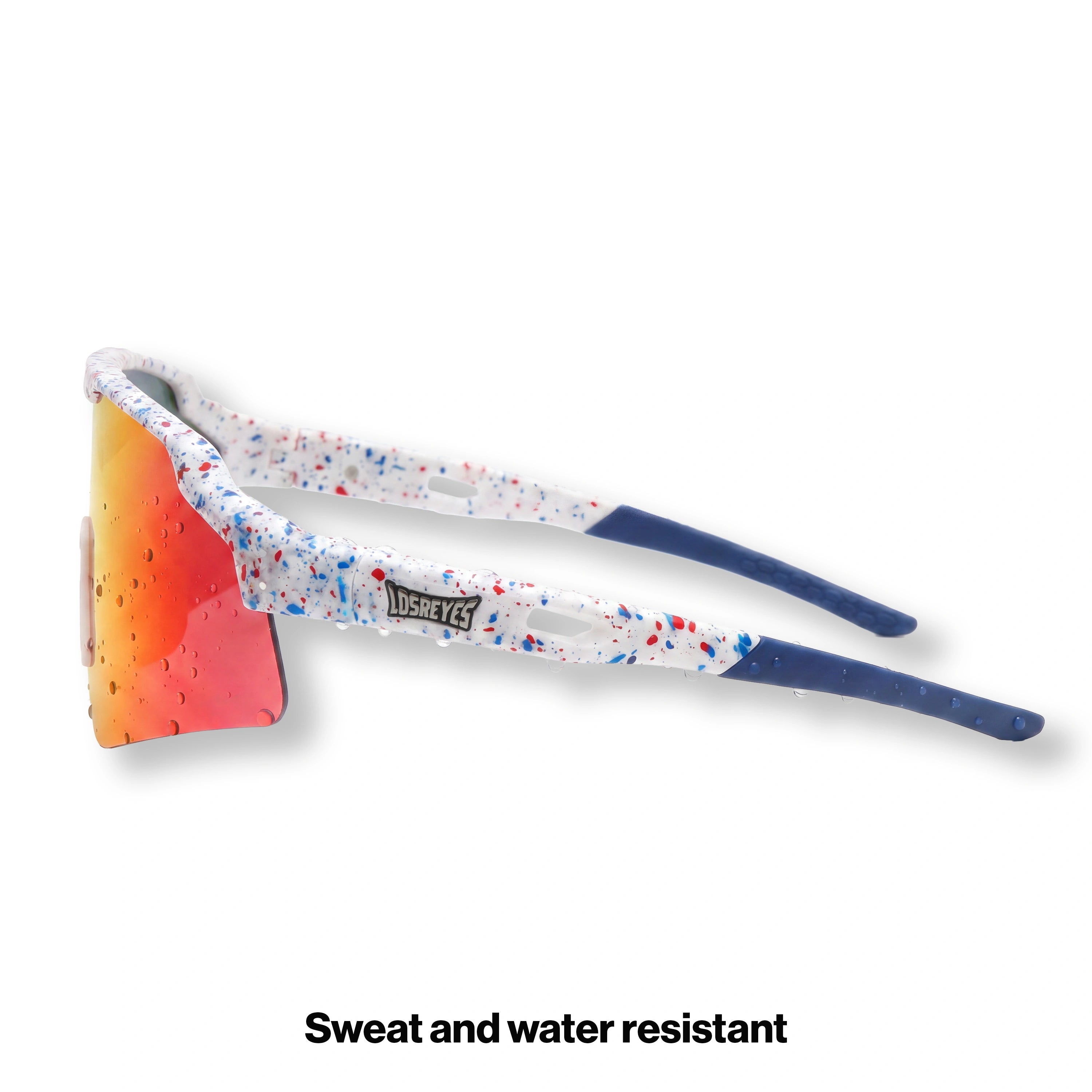 LOSREYES USA 250 Limited Drop 4th of July limited edition red white and blue sport sunglasses with blue mirror lens, side angle view