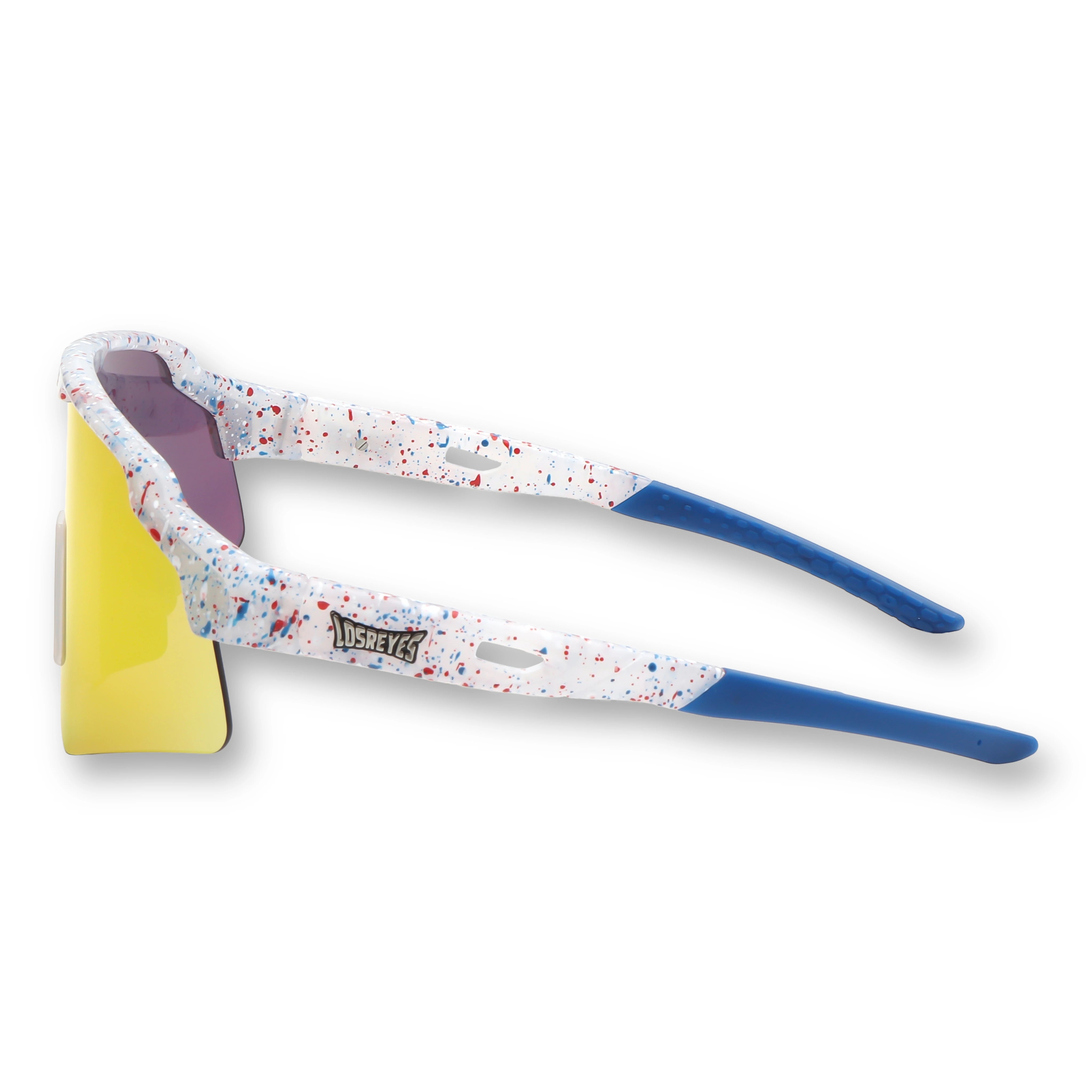 LOSREYES USA 250 Limited Drop 4th of July limited edition red white and blue sport sunglasses with blue mirror lens, side angle view