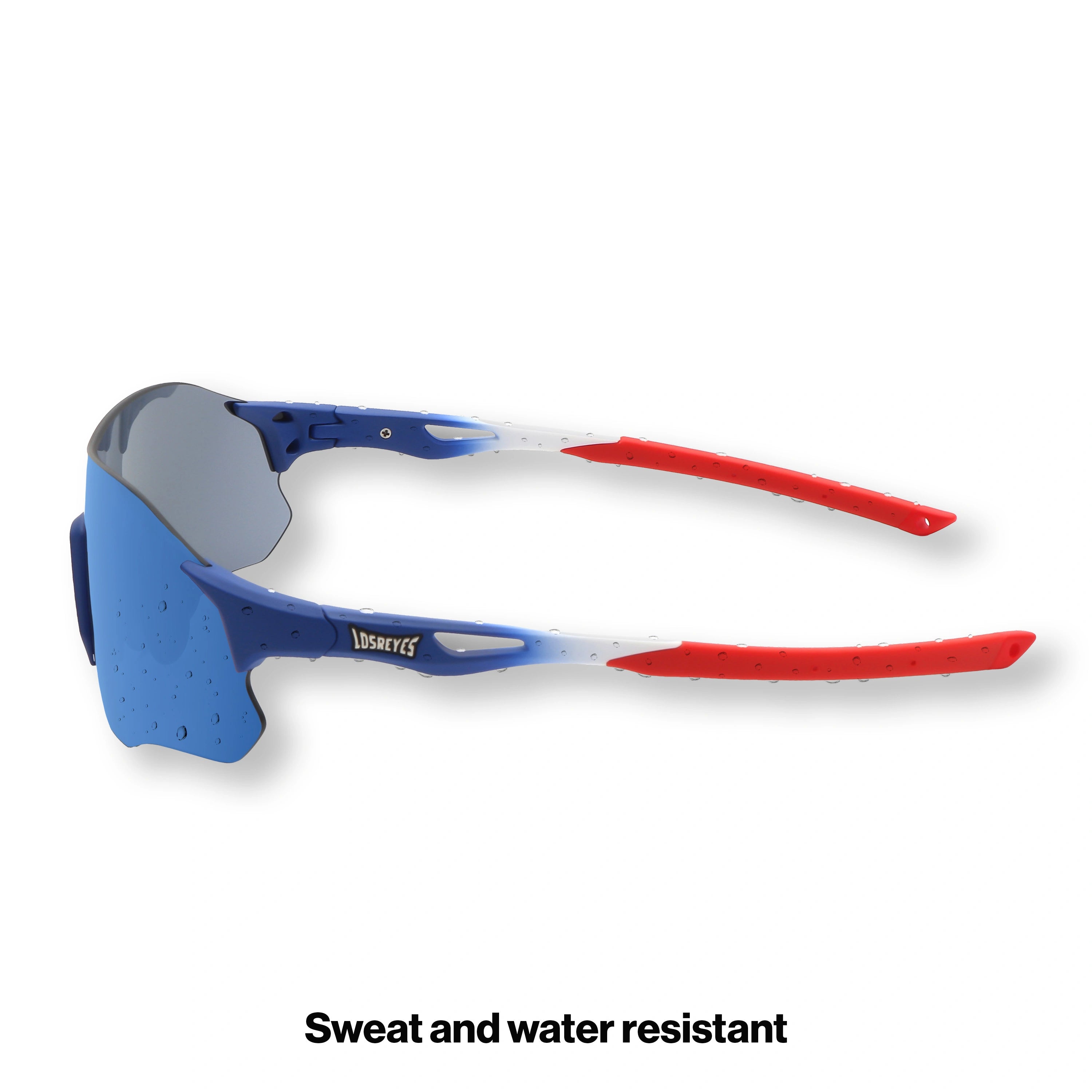 LOSREYES USA 250 Limited Drop 4th of July limited edition red white and blue sport sunglasses with blue mirror lens, side angle view