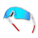 LosReyes USA Edition sport sunglasses with red, white, and blue speckled frame and reflective blue shield lens.