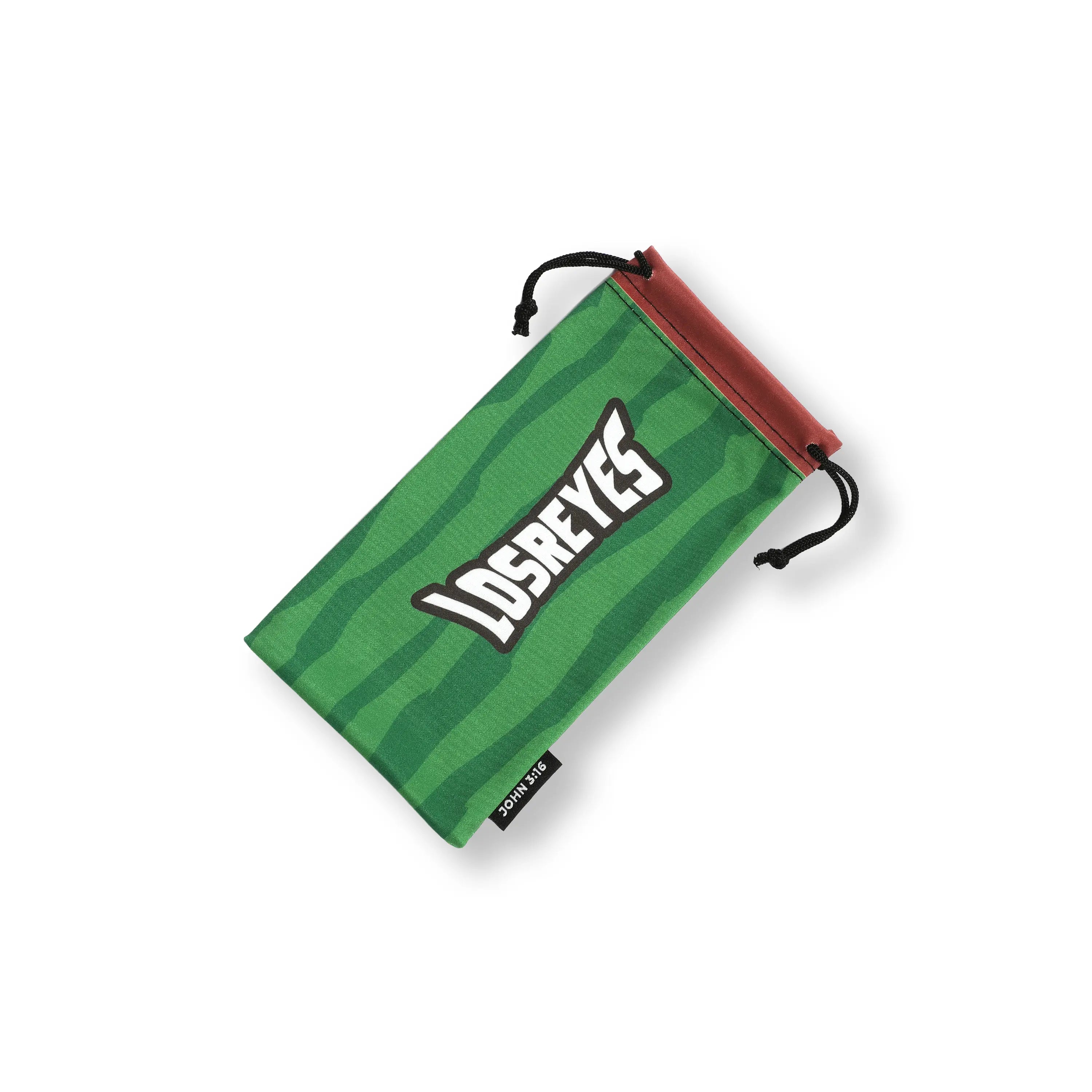  LOSREYES watermelon microbag in green rind stripes with a red interior, a microfiber sunglasses pouch