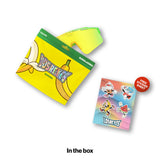 LOSREYES Youth Banana sunglasses with green and yellow frame and yellow mirror lens shown beside yellow banana-themed resealable pouch packaging and free character sticker sheet.