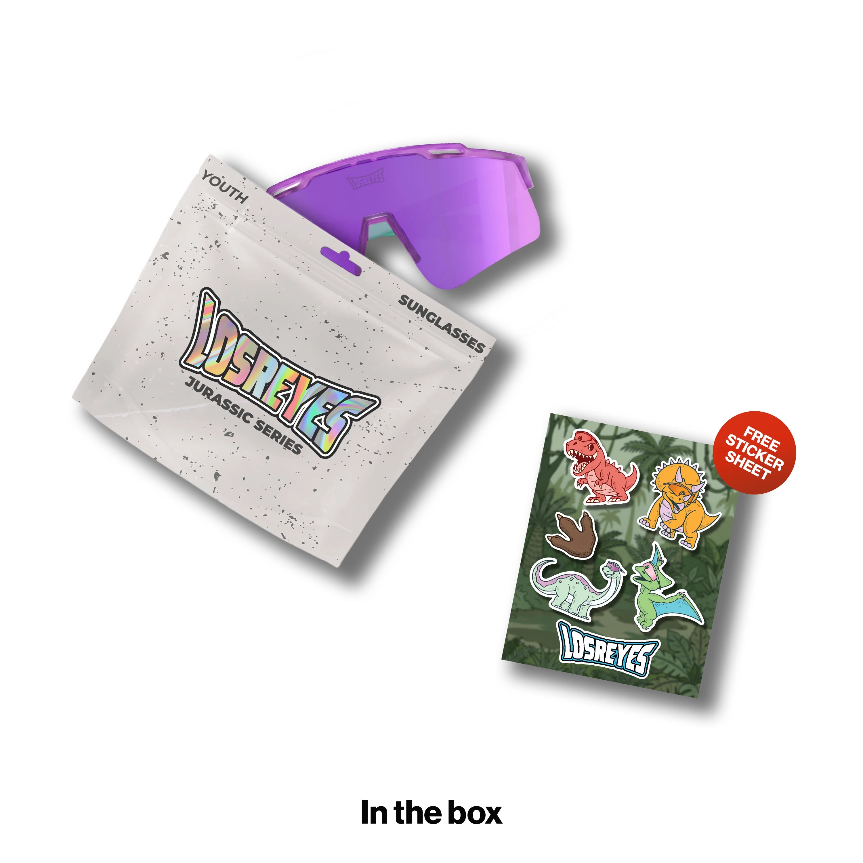 LosReyes Youth Jurassic Series Brontosaurus sunglasses with a purple frame fading to teal green and magenta rubber tips and a purple mirror lens, shown with a resealable YOUTH pouch and a free dinosaur sticker sheet