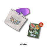 LosReyes Youth Jurassic Series Brontosaurus sunglasses with a purple frame fading to teal green and magenta rubber tips and a purple mirror lens, shown with a resealable YOUTH pouch and a free dinosaur sticker sheet