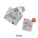 LOSREYES Youth Cookie sunglasses with white and black speckled frame and silver mirror lens shown beside white black-speckled resealable pouch packaging and free character sticker sheet.