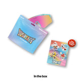 LOSREYES Youth Cotton Candy sunglasses with blue and pink frame and pink mirror lens shown beside pastel blue and pink gradient resealable pouch packaging and free character sticker sheet.