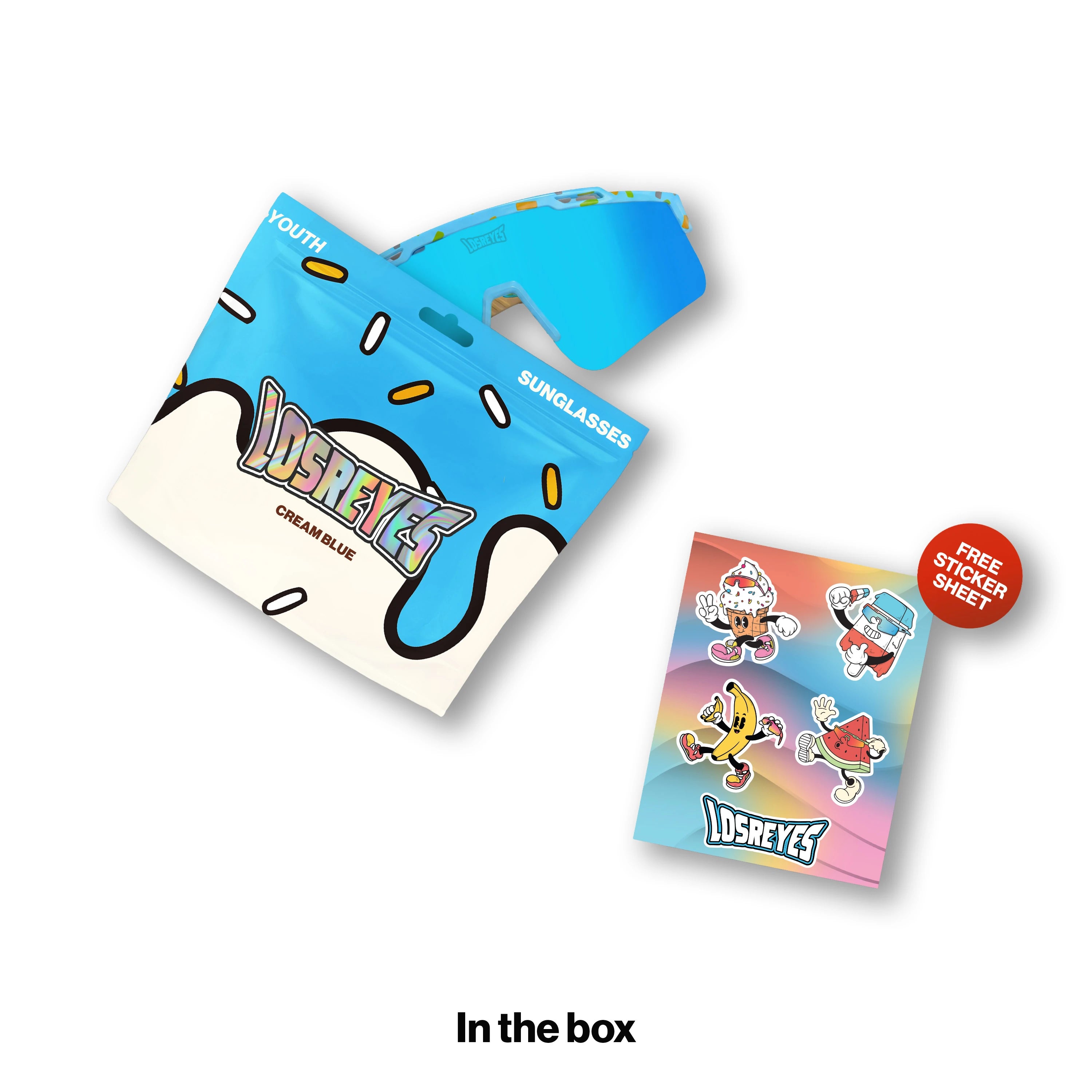 LOSREYES Youth Cream Blue sunglasses with blue sprinkle-patterned frame and blue mirror lens shown beside blue and white ice-cream-drip resealable pouch packaging and free character sticker sheet.