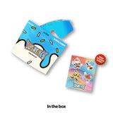 LOSREYES Youth Cream Blue sunglasses with blue sprinkle-patterned frame and blue mirror lens shown beside blue and white ice-cream-drip resealable pouch packaging and free character sticker sheet.