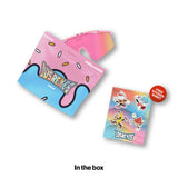 LOSREYES Youth Cream Pink sunglasses with pink sprinkle-patterned frame and pink mirror lens shown beside pink and blue ice-cream-drip resealable pouch packaging and free character sticker sheet.