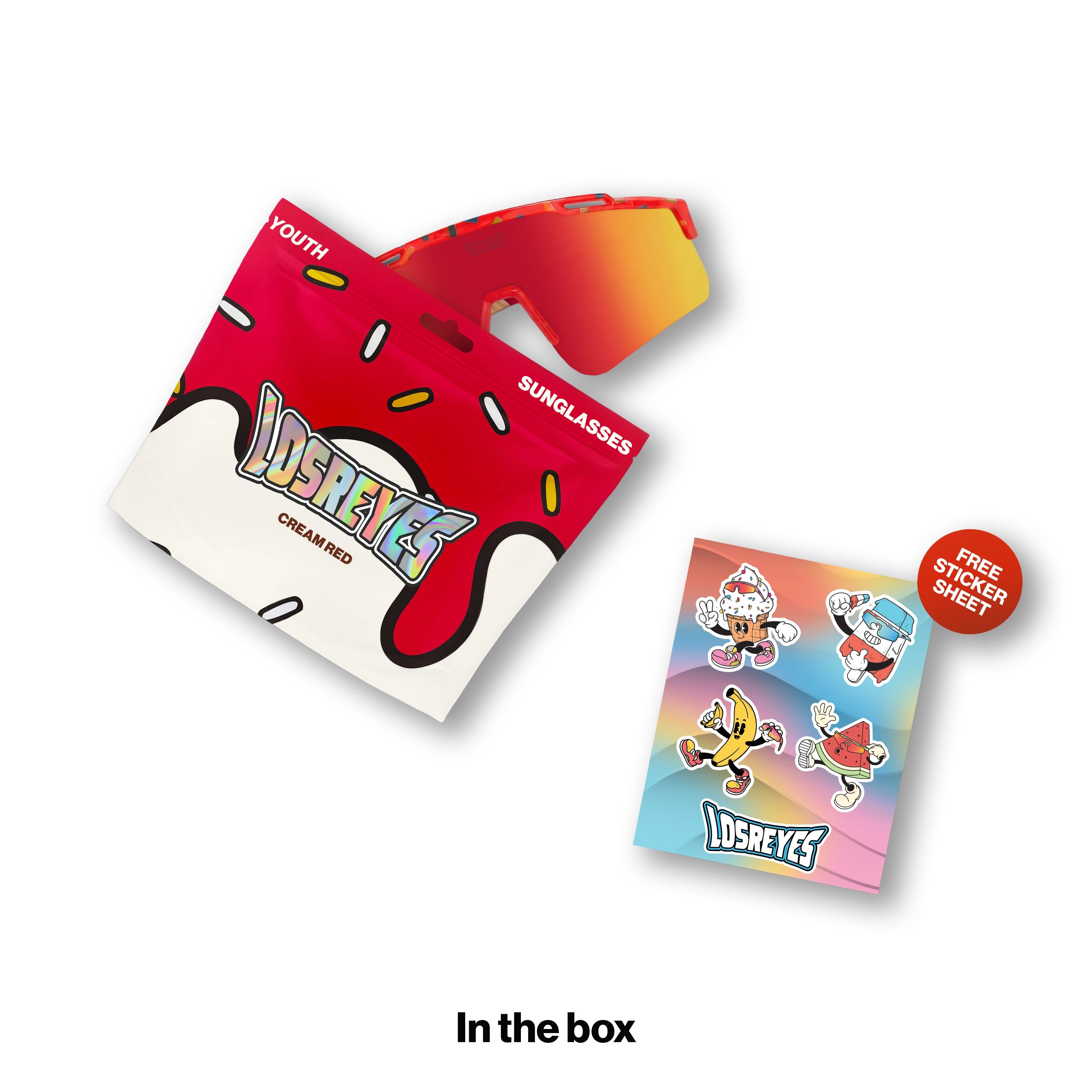 LOSREYES Youth Cream Red sunglasses with red sprinkle-patterned frame and red mirror lens shown beside red and white ice-cream-drip resealable pouch packaging and free character sticker sheet.