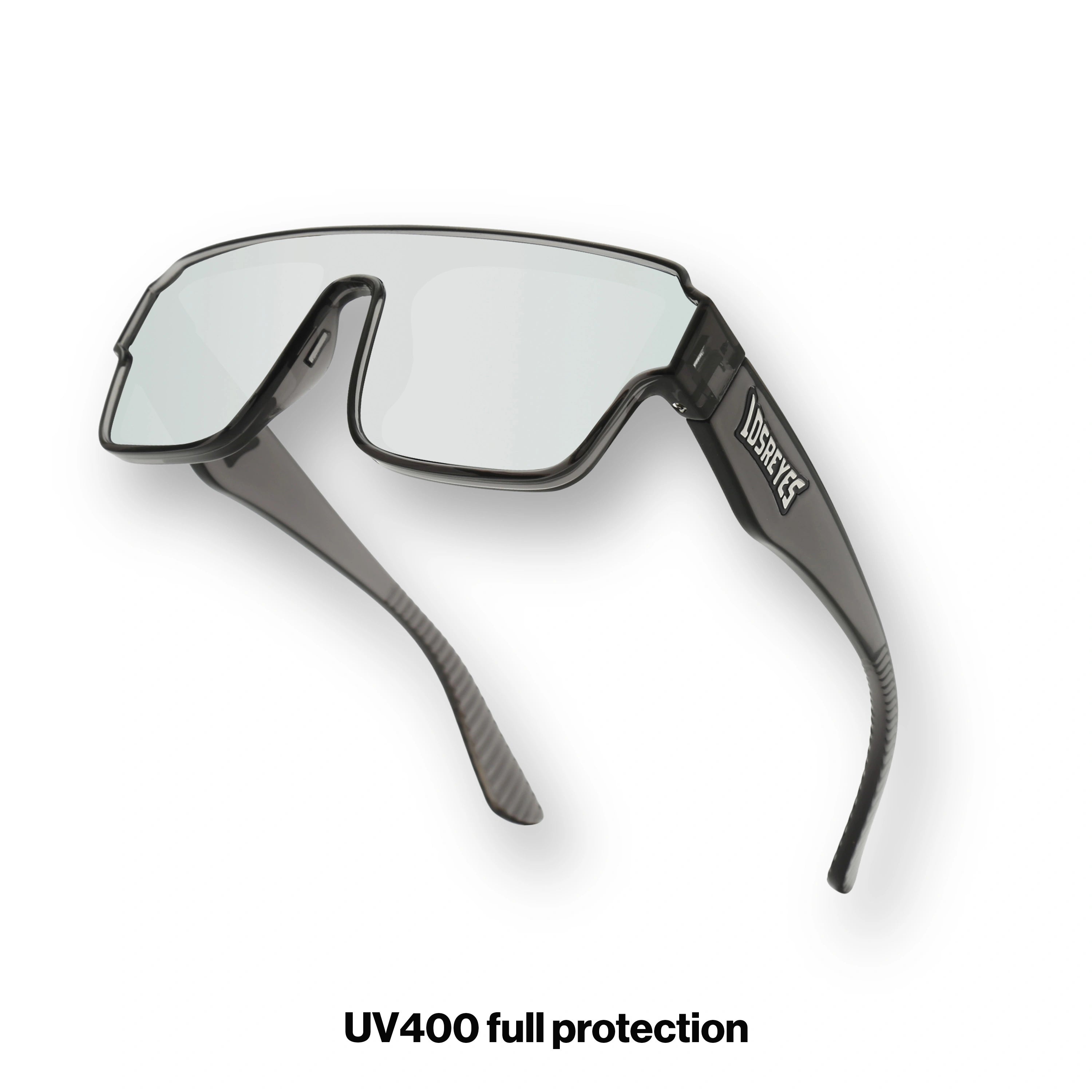 LosReyes youth Hades lifestyle sport shield sunglasses in smoke black with clear lens, angled product view, UV400 protection