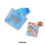LOSREYES Youth Ice Cube sunglasses with clear icy-blue frame and blue mirror lens shown beside light-blue resealable pouch packaging and free character sticker sheet.