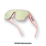 LosReyes youth Pink Unicorn sport shield sunglasses in pink glitter with mirror lens, angled product view, UV400 protection
