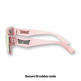 Side view of LosReyes youth Pink Unicorn sunglasses in pink glitter showing secure-fit rubber temple ends