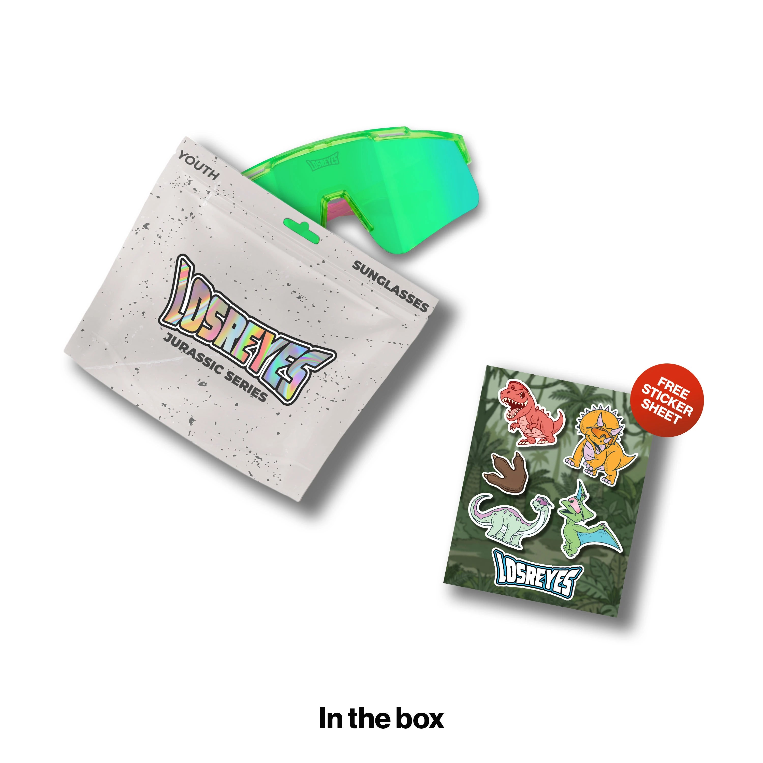 LosReyes Youth Jurassic Series Pterodactyl sunglasses with a neon green frame fading to teal blue and pink rubber tips and a green mirror lens, shown with a resealable YOUTH pouch and a free dinosaur sticker sheet