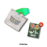 LosReyes Youth Jurassic Series Pterodactyl sunglasses with a neon green frame fading to teal blue and pink rubber tips and a green mirror lens, shown with a resealable YOUTH pouch and a free dinosaur sticker sheet