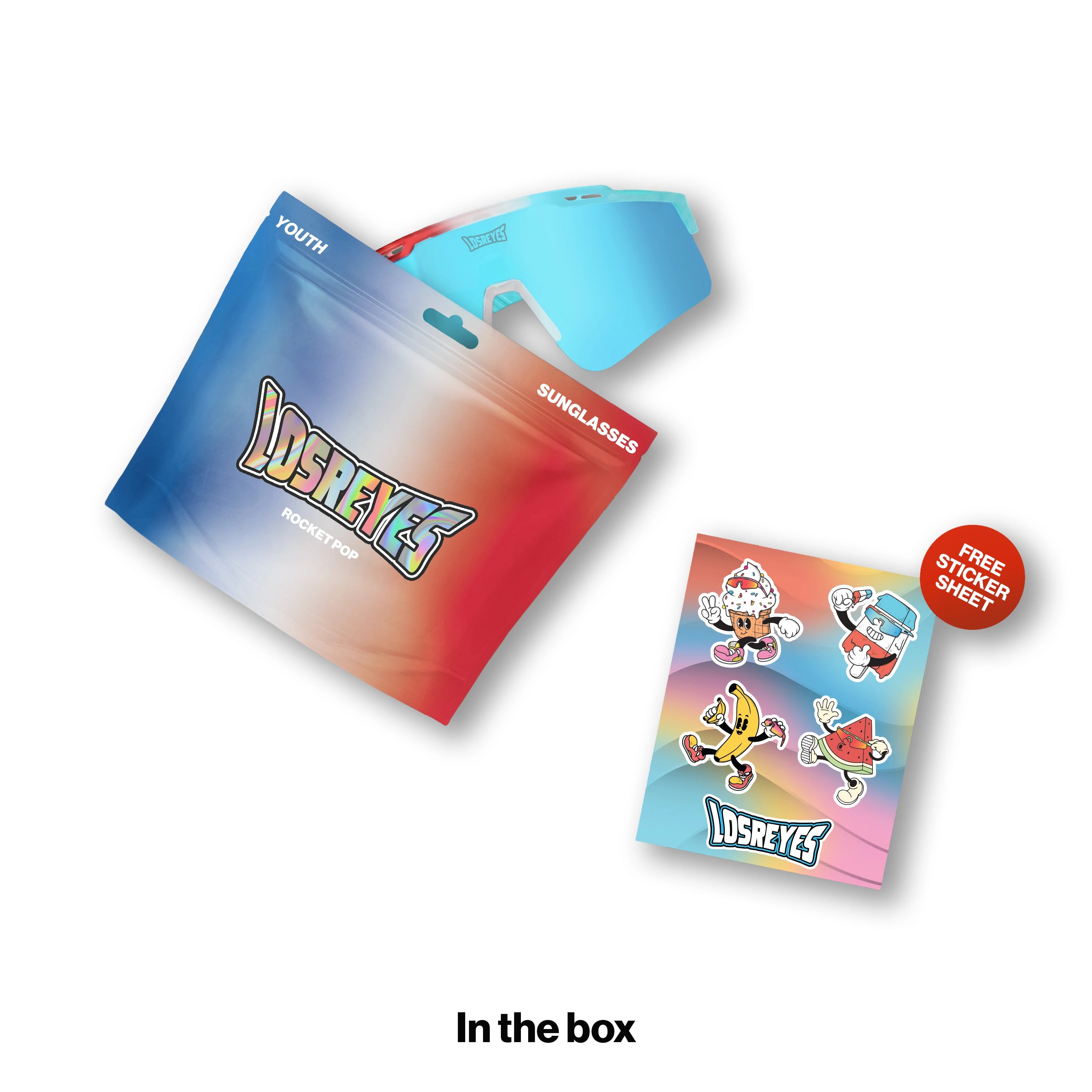 LOSREYES Youth Rocket Pop sunglasses with red, white, and blue frame and blue mirror lens shown beside red, white, and blue gradient resealable pouch packaging and free character sticker sheet.