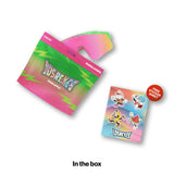 LOSREYES Youth Sour Apple sunglasses with green and pink frame and pink mirror lens shown beside green lightning-bolt resealable pouch packaging and free character sticker sheet.