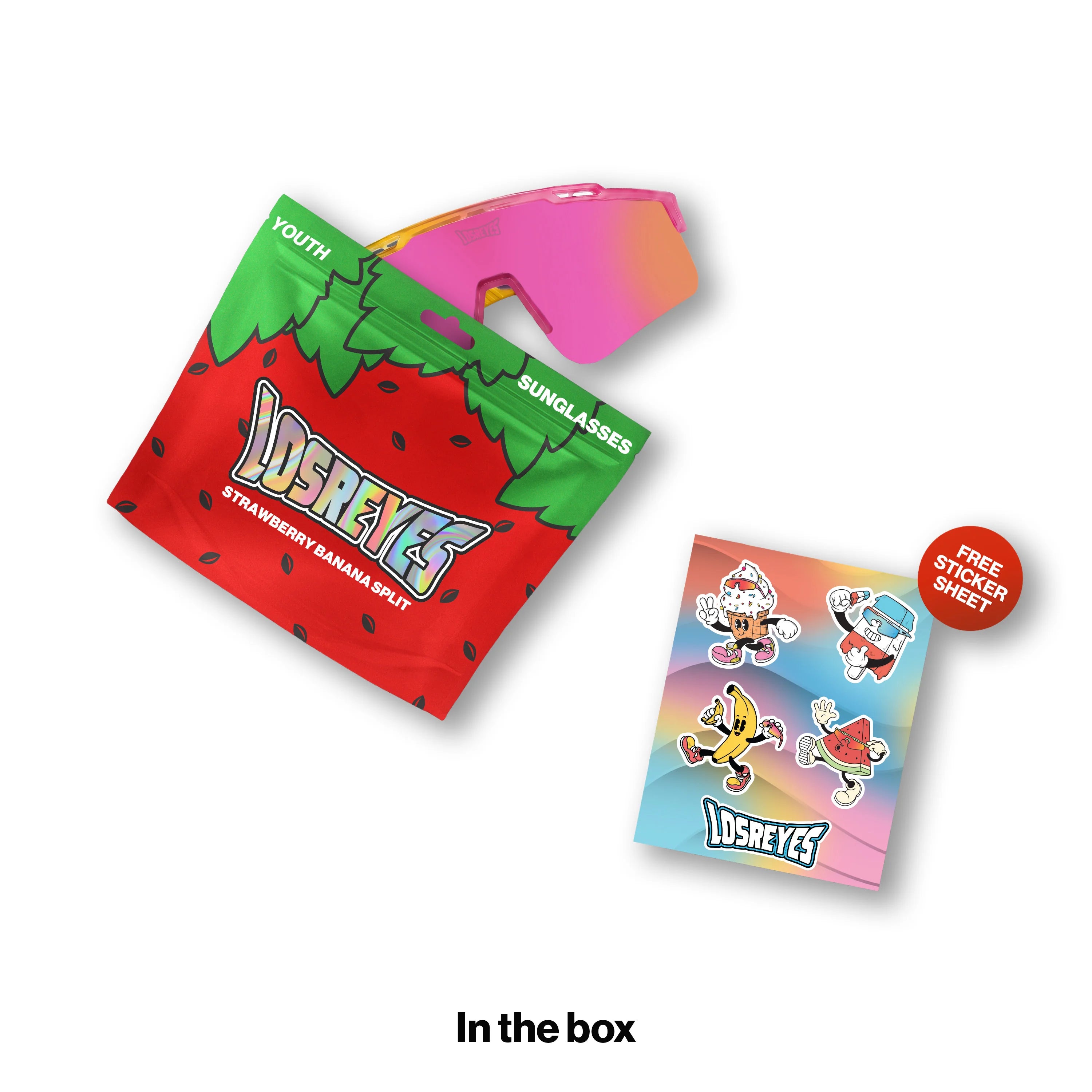  LOSREYES Youth Strawberry Banana Split sunglasses with pink and yellow frame and pink mirror lens shown beside strawberry-themed resealable pouch packaging and free character sticker sheet.