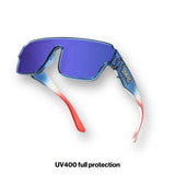 LosReyes youth Superhero sport shield sunglasses in blue-to-red fade with blue mirror lens, angled view, UV400 protection