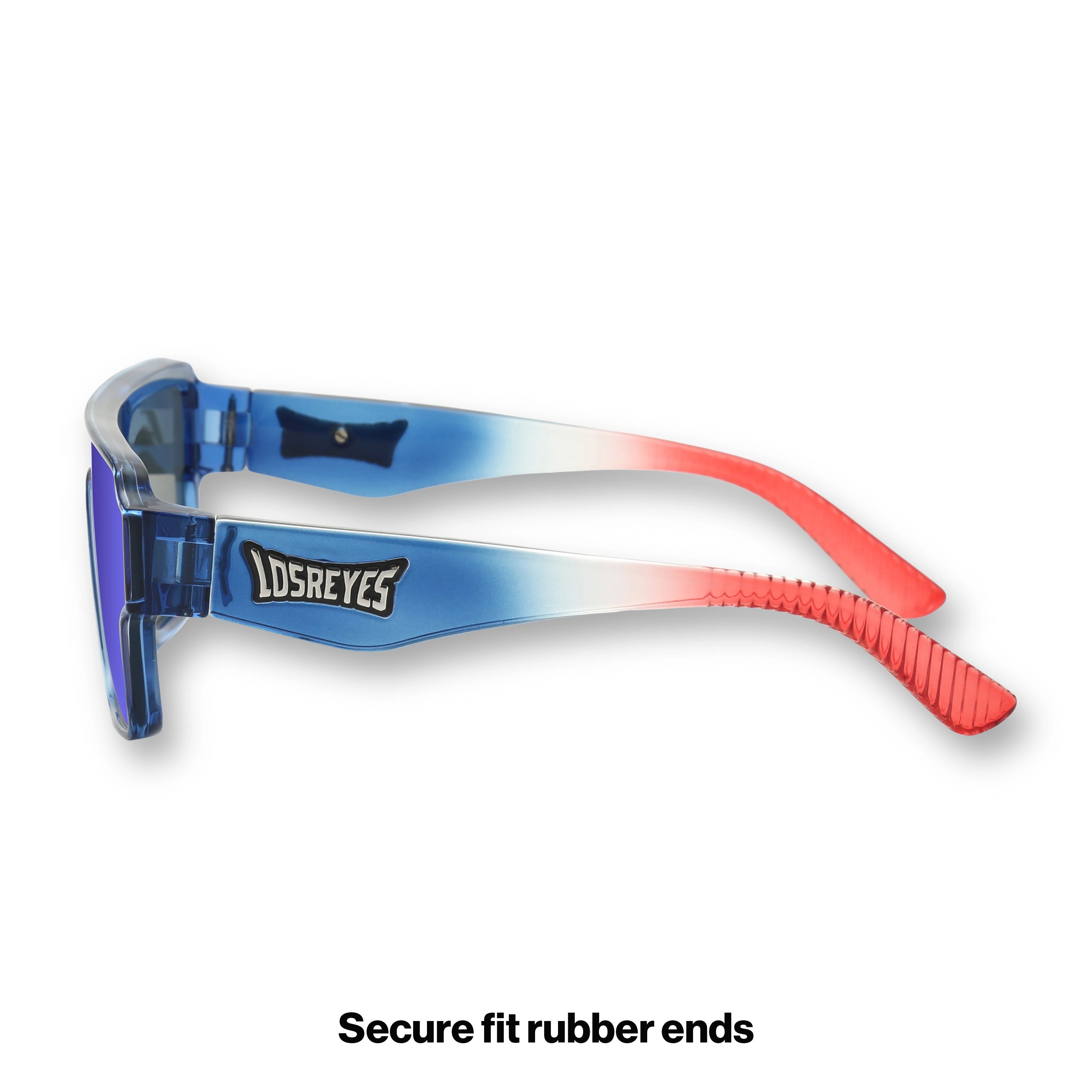 Side view of LosReyes youth Superhero sunglasses in blue and red fade showing secure-fit rubber temple ends
