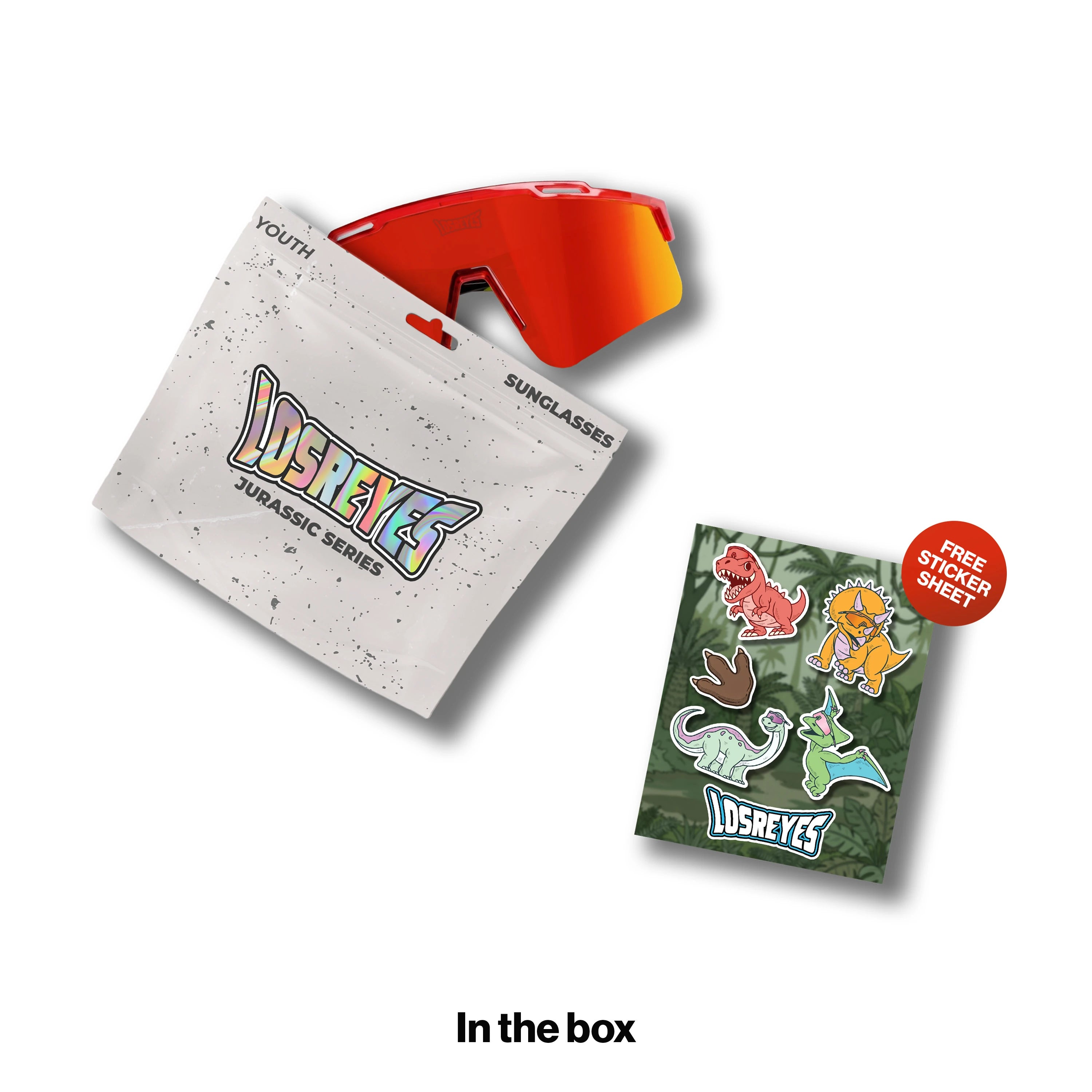 LosReyes Youth Jurassic Series TREX sunglasses with a crystal red frame fading to black and neon yellow rubber tips and a red mirror lens, shown with a resealable YOUTH pouch and a free dinosaur sticker sheet