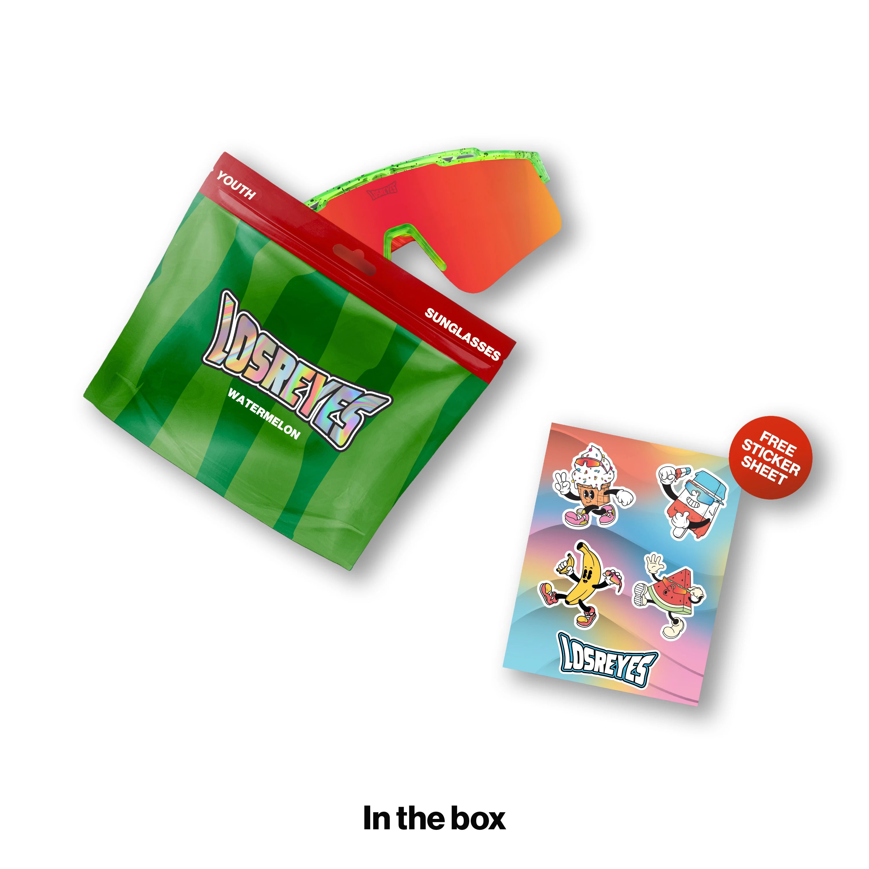 LOSREYES Youth Watermelon sunglasses with green speckled frame and red mirror lens shown beside watermelon-striped resealable pouch packaging and free character sticker sheet.