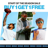 Start of season sale graphic for LosReyes performance sunglasses, buy one get one free, featuring a football receiver, a baseball coach, and a young player each wearing red mirrored lens sport sunglasses, UV400 protection, mens and youth sports sunglasses.