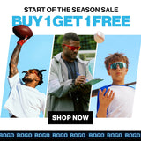 Start of the Season Sale, BOGO free promo graphic for LosReyes sport sunglasses with football and baseball athletes, square format