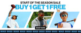 LosReyes Start of the Season Sale banner, buy one get one free on sport sunglasses, featuring a football receiver, a baseball coach, and a young player, wide format