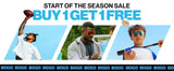 Wide banner announcing the LosReyes start of season BOGO sale, three athletes across football, baseball coaching, and youth baseball wearing red mirrored performance sunglasses, built for all sports and all ages, mens and youth sport sunglasses.