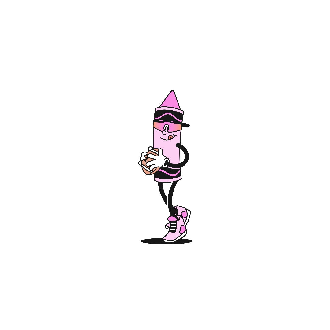 Pink Crayon Sticker holding a flag football – playful vinyl character by LosReyes.