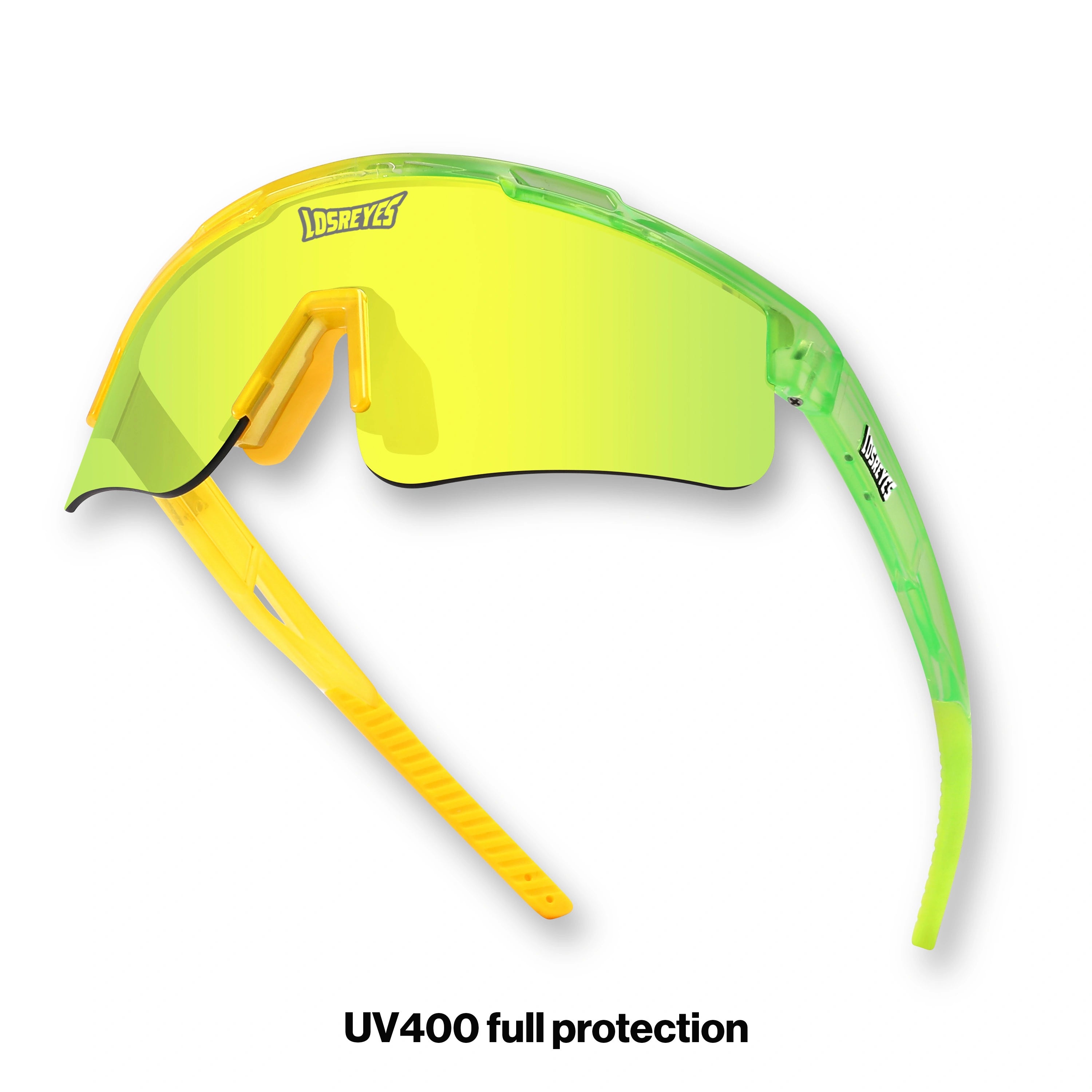 PRIME YOUTH Banana kids football sunglasses from the Candy Collection with yellow shield lens, UV400 protection, flexible TR90 frame, and no-slip rubber ends for high-impact play.