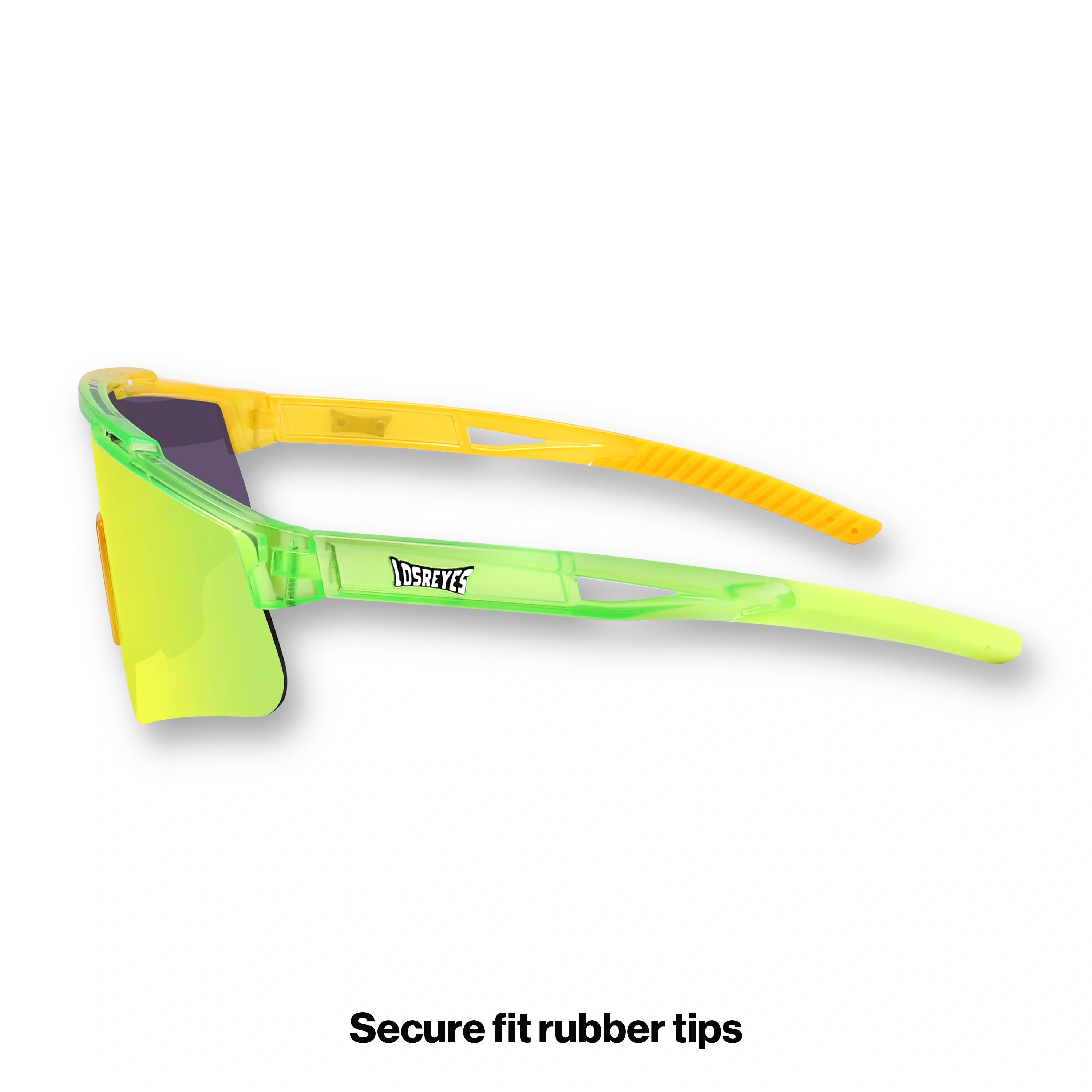 PRIME YOUTH Banana kids sports sunglasses from the Candy Collection with UV400 protection, changeable lens system, flexible TR90 frame, and rubber grip ends for outdoor sports ages 3–12.