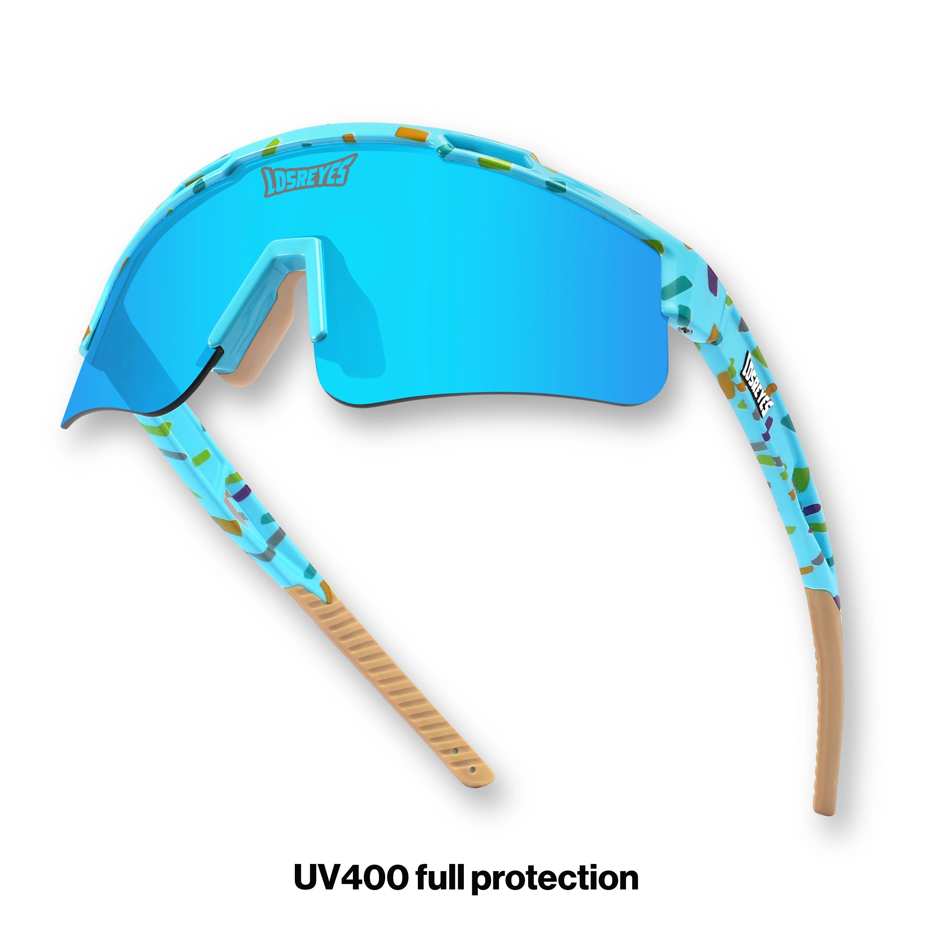 PRIME YOUTH Cream Blue kids running sunglasses from the Candy Collection with UV400 mirrored lens, lightweight TR90 frame, and rubberized ends designed to stay on during fast movement.