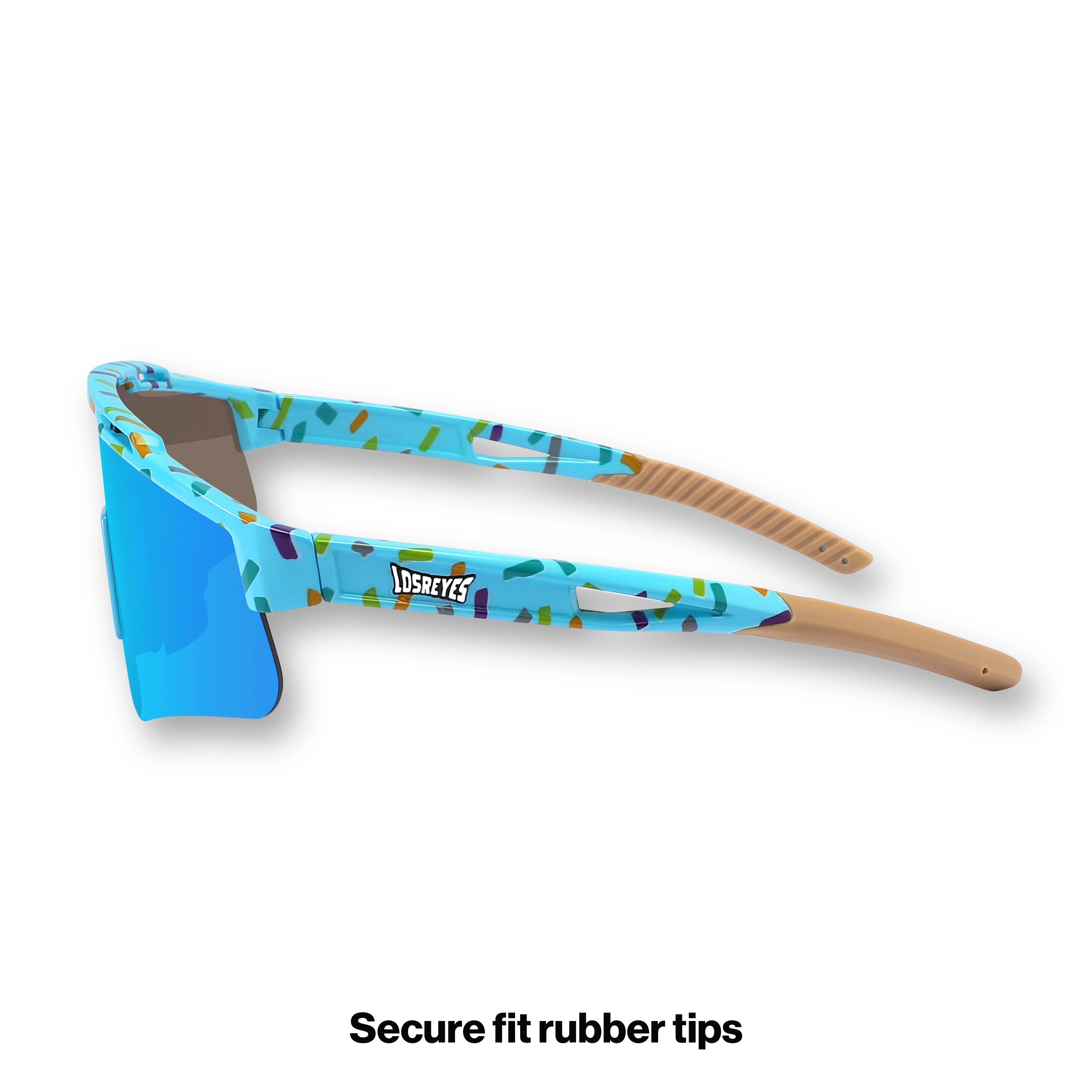 Side view of PRIME YOUTH Cream Blue kids sports sunglasses from the Candy Collection featuring a flexible TR90 frame, rubber grip temple ends, UV400 shield lens, and a secure fit for baseball, running, and football ages 3–12.