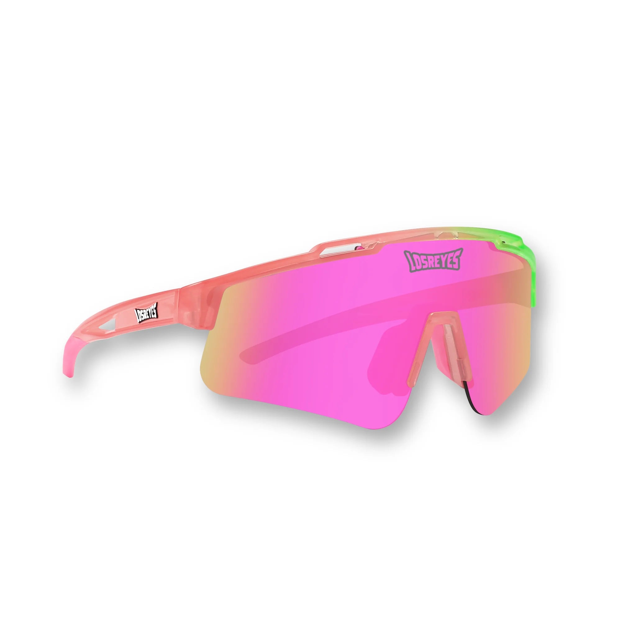 Front view of PRIME YOUTH Sour Apple kids athletic sunglasses from the Candy Collection with a pink mirrored UV400 lens, lightweight TR90 construction, replaceable lens system, and no-slip design for active youth ages 3–12.