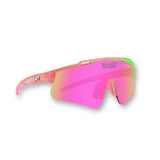 Front view of PRIME YOUTH Sour Apple kids athletic sunglasses from the Candy Collection with a pink mirrored UV400 lens, lightweight TR90 construction, replaceable lens system, and no-slip design for active youth ages 3–12.