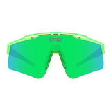Front view of Pterodactyl Jurassic sport sunglasses with green mirrored lens and neon green TR90 frame, designed for athletic performance