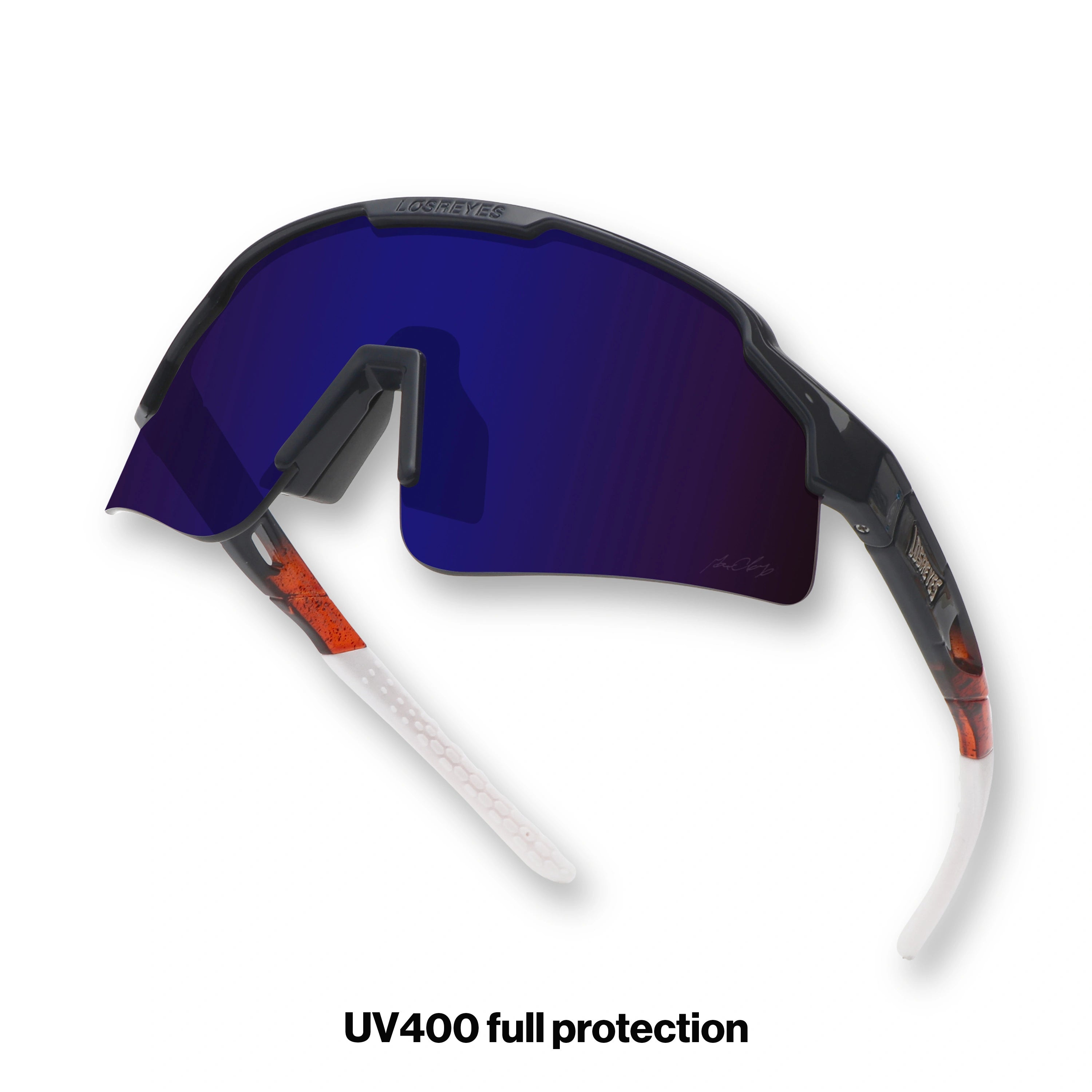 front and side angle of SHOWTIME Hurricane sunglasses with blue performance lens
