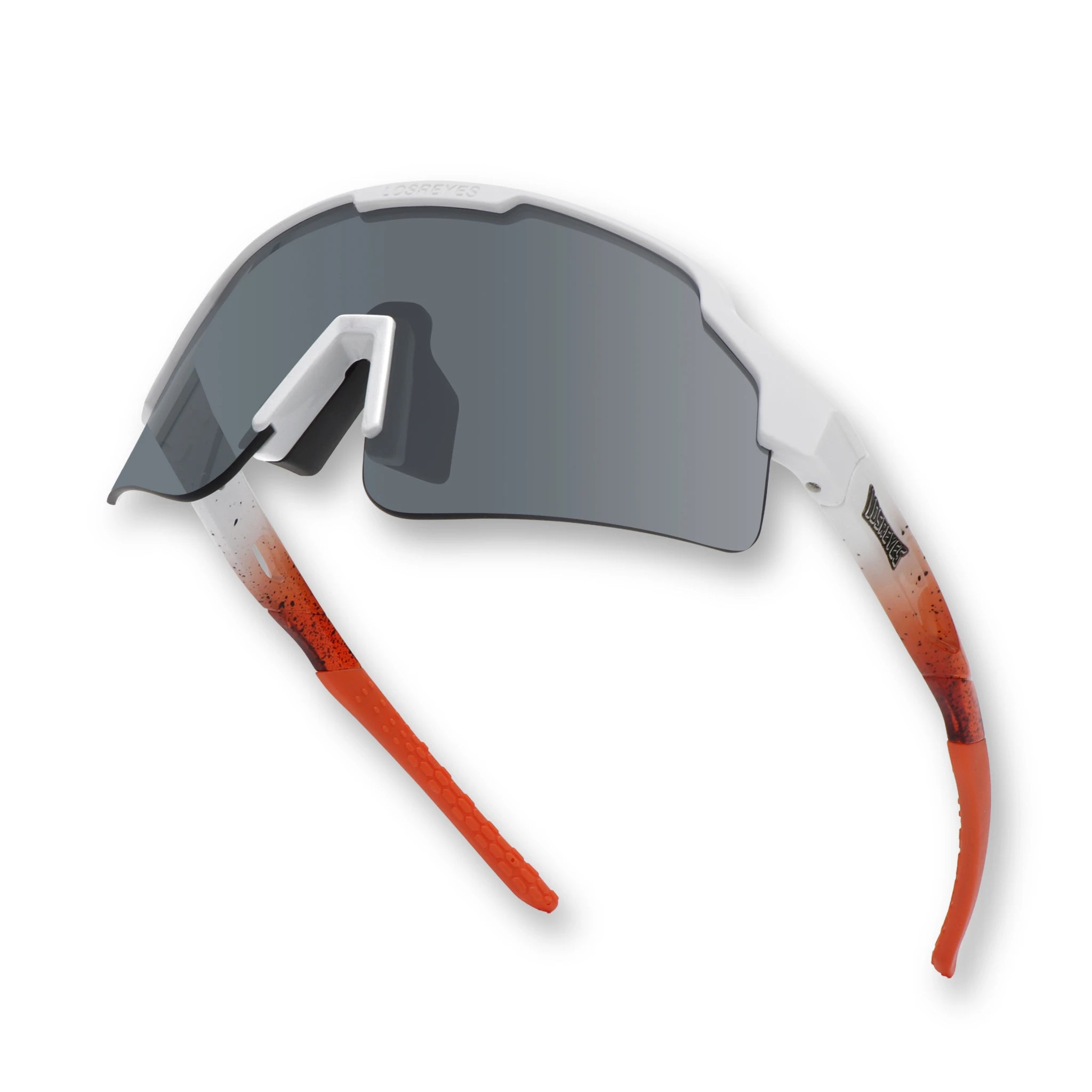 Side angle of SHOWTIME Max Clark Tiger sunglasses showcasing semi-rimless blade lens and orange temples