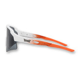 Side view of SHOWTIME Max Clark Tiger sunglasses with white frame and orange splatter temples