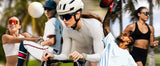Athletes wearing performance sports sunglasses during volleyball, baseball, cycling, football, and running training outdoors.
