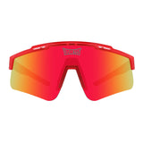 Front view of T-Rex Jurassic sport sunglasses with fiery red mirrored lens and bold red TR90 frame, designed for athletes with UV400 protection