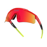 Angled view of T-Rex Jurassic sunglasses featuring red lens, high-wrap TR90 frame, and black-to-lime green arm grips for a powerful athletic fit