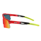 Side profile of T-Rex Jurassic sunglasses with gradient red-black TR90 arms, neon green rubber grip, and UV400 performance lens for all ages
