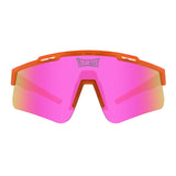 Front view of Triceratops Jurassic sunglasses with pink mirrored lens and bold orange TR90 frame, designed for UV400 protection and active wear