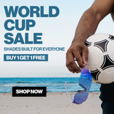 orld Cup Sale banner showing a man playing soccer on the beach beside blue mirrored sport sunglasses, with Buy 1 Get 1 Free offer